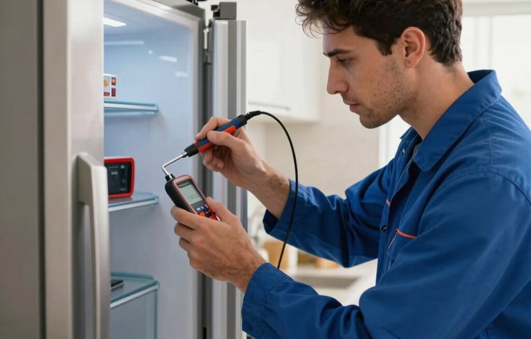 A professional technician in a blue uniform repairing a modern refrigerator in a bright, clean kitchen in a Dubai home, focus on skilled hands using a diagnostic tool, soft natural lighting, Middle Eastern / Gulf interior style.
