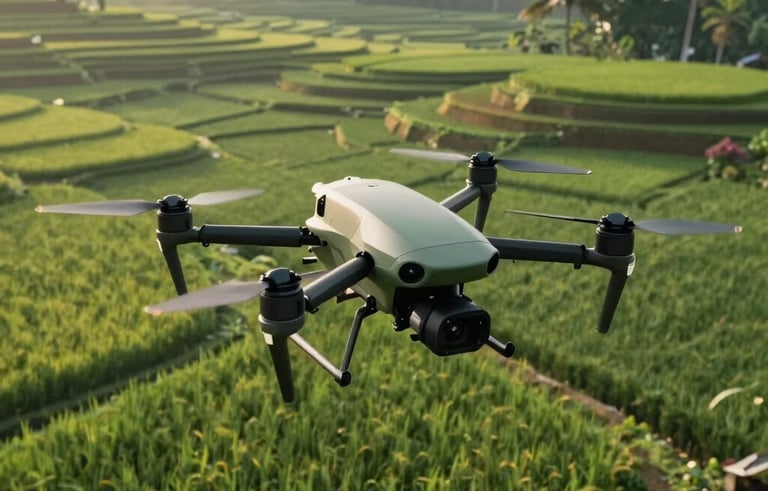 A high-angle professional shot of an agricultural drone flying over lush green terraced rice fields in Indonesia during a clear morning. The sunlight highlights the technological precision against the natural landscape. Modern tech aesthetic, forest green and sage tones.