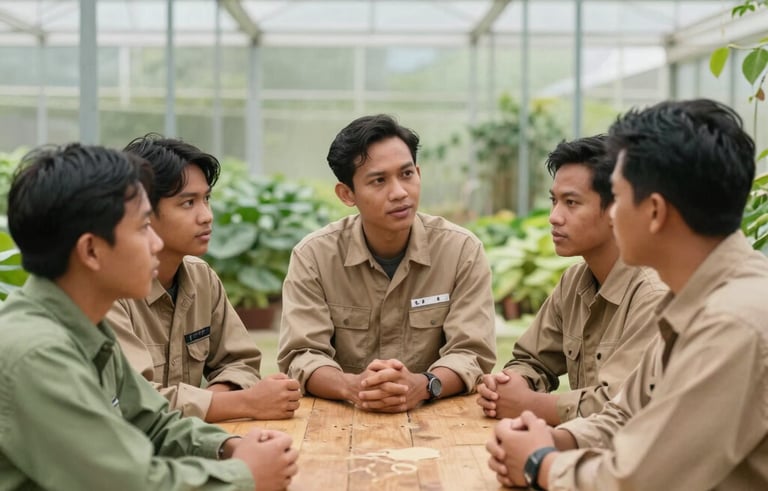 A group of young Southeast Asian / Indonesian farmers in clean modern farming gear gathered around a wooden table in an organic greenhouse, listening to a consultant. Professional and community-focused atmosphere, bright natural light, earth tones of tan and moss green.