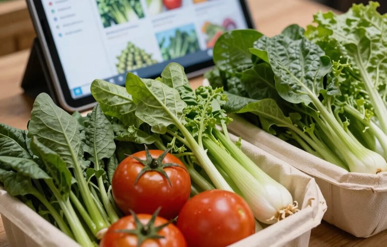 Close-up of vibrant organic vegetables like tomatoes and leafy greens in eco-friendly packaging on a wooden surface. In the background, a tablet displays a digital marketing dashboard. Southeast Asian / Indonesian market context, professional lighting, colors of off-white and dark green.