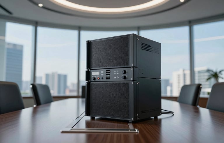 A sleek conference room in a North American corporate skyscraper, featuring high-end telecommunications hardware and soft sky blue ambient lighting, reflecting innovation and trust.