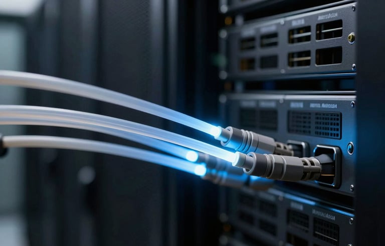 A close-up photograph of fiber optic cables glowing with soft sky blue light in a dark, high-tech server room environment, shallow depth of field, North American / US corporate infrastructure style.