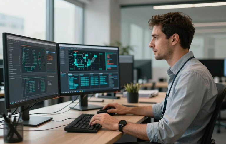 A professional North American / US IT specialist in a sleek, modern office setting, working on an array of high-resolution monitors displaying network security data, soft natural lighting.