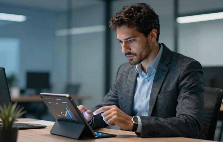 A focused South American Brazilian executive in a smart casual business outfit analyzing growth charts on a digital tablet in a professional corporate setting with blue lighting.