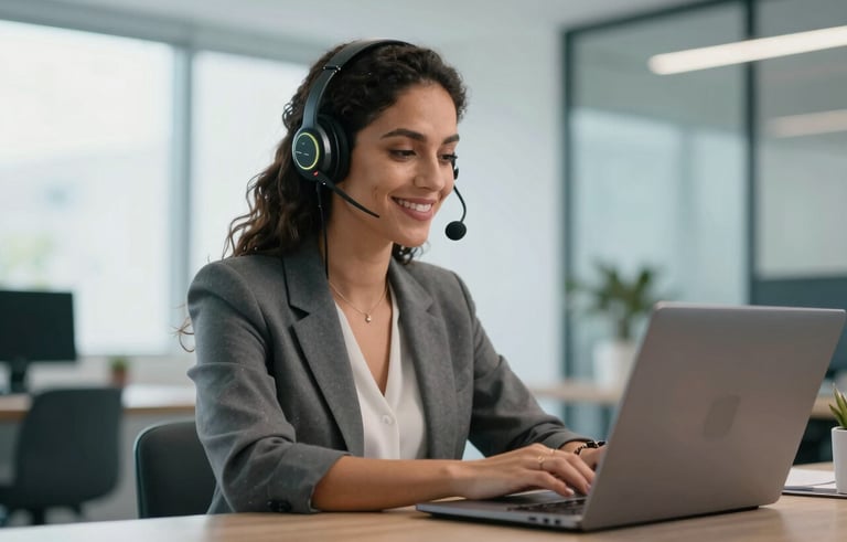 A professional South American Brazilian woman wearing a high-tech headset, smiling while working on a laptop in a bright, modern office with soft daylight and light blue accents in the background.