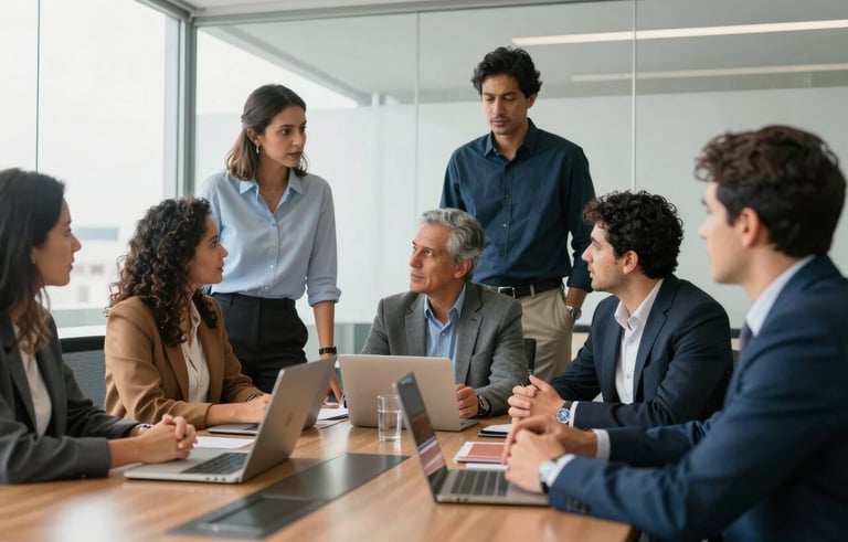 A collaborative group of South American Brazilian marketing experts discussing strategy in a glass-walled meeting room, bright natural light, professional and innovative atmosphere.