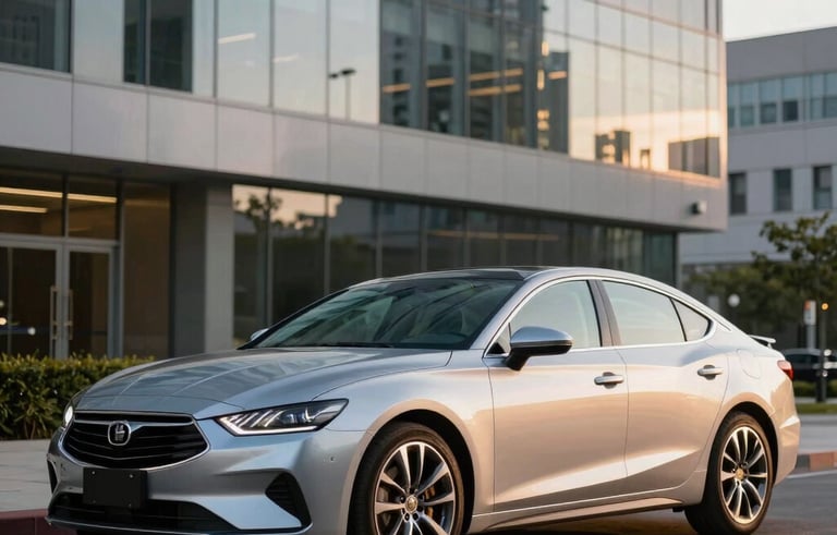 A sleek silver sedan parked in a modern North American business district during the golden hour. The professional lighting highlights the car's aerodynamic lines, with a clean glass office building reflecting in the background. High-quality commercial photography style.