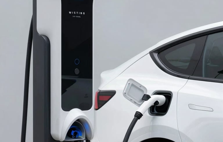 A white high-end electric vehicle charging at a modern station in a North American city. Minimalist and sophisticated composition with soft, diffused lighting and clean steel blue accents.