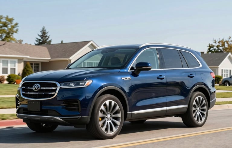 A dark blue premium SUV driving on a clean suburban North American road. The composition is a dynamic three-quarter view showing efficiency and power. Bright, clear daylight and sharp focus.