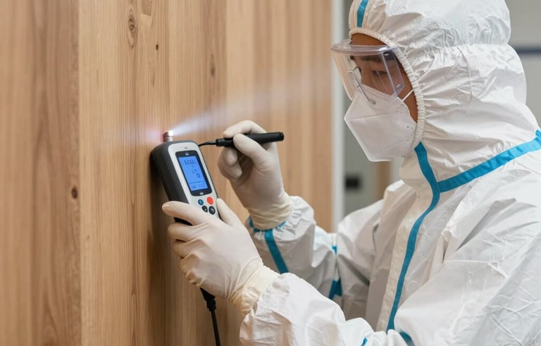 Professional photography of a North American restoration expert in a protective white suit using a digital moisture sensor on a wood-paneled wall. Reliable and expert mood, soft indoor lighting.
