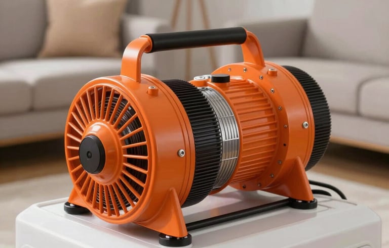 Close-up photography of professional high-velocity orange air movers and a white industrial dehumidifier working in a modern North American living room. Clean, technical focus on high-quality equipment.