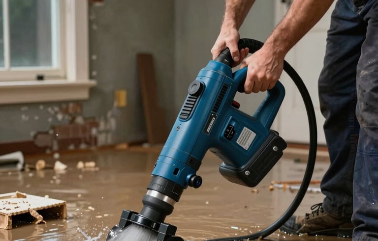 A high-end professional photography shot of a North American restoration technician using a heavy-duty blue water extraction vacuum in a flooded residential basement. The lighting is focused and professional, highlighting the efficiency and urgency of the work.