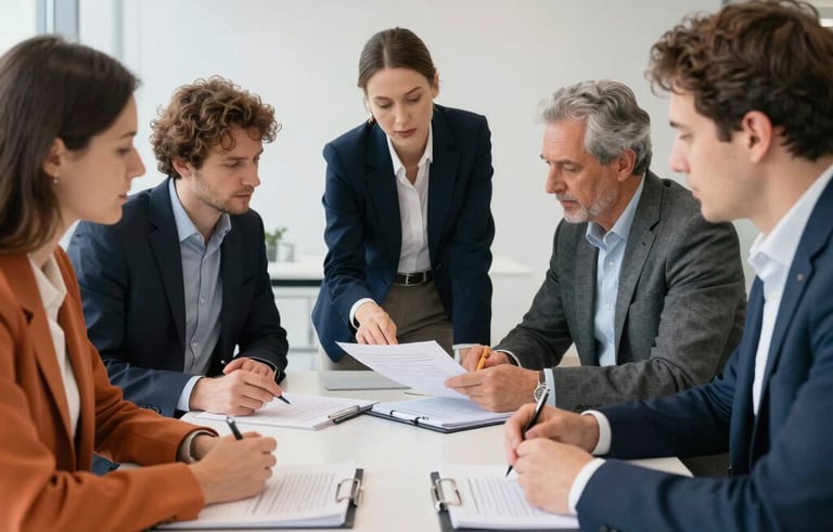 A professional meeting in a bright, modern office in Central Europe. Experts are reviewing policy documents on a clean white table. The atmosphere is professional and trustworthy, with accents of orange and deep navy in the decor.