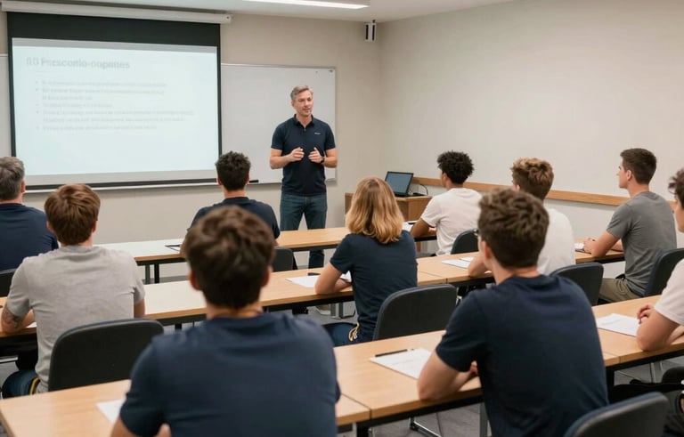 A medium shot of a professional training seminar in a modern European classroom. Adult sport professionals are engaged in learning about child protection. The lighting is bright and clean, reflecting an institutional but warm mood.
