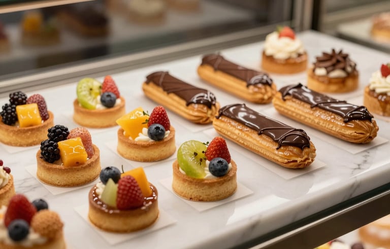 Exquisite French pastries, including colorful fruit tarts and chocolate eclairs, elegantly displayed on a white marble counter in a French patisserie. Soft, welcoming lighting emphasizing natural colors.