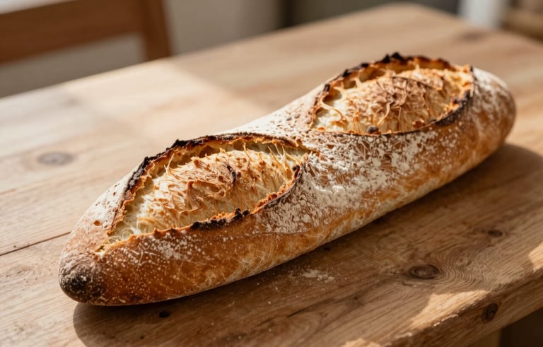 Photography of a freshly baked French baguette tradition with a crispy, flour-dusted golden crust and deep scores, resting on a rustic wooden surface in a warm bakery in France. Soft morning sunlight highlights the airy texture of the crust.