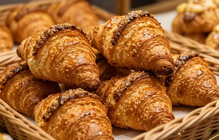 A close-up of a pile of golden-brown croissants and pains au chocolat in a wicker basket. The buttery, flaky layers are clearly visible, set in an elegant French bakery with warm golden lighting.