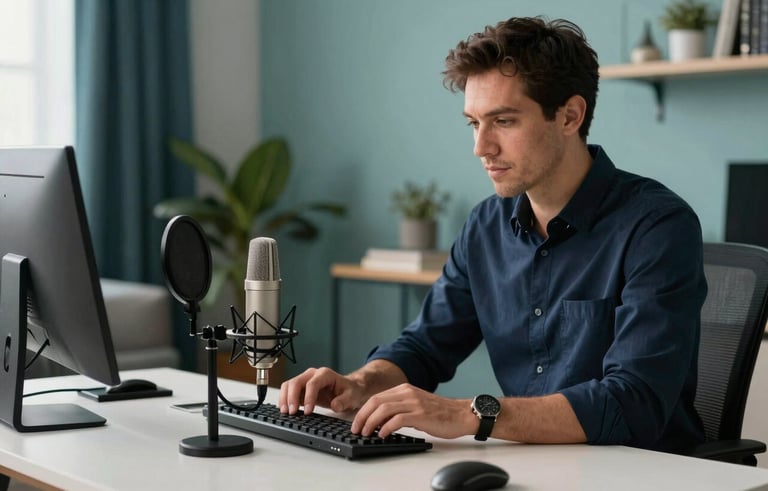 A focused expert in a sleek, modern home office in North America, arranging professional recording equipment and a high-end microphone on a clean desk. The lighting is soft and natural, featuring a palette of deep navy and soft teal accents in the background decor.