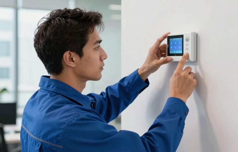 Professional HVAC technician in a blue uniform using digital tools to calibrate a smart thermostat on a white wall in a modern Miami office. The lighting is crisp and natural, highlighting technical expertise and advanced climate control technology.