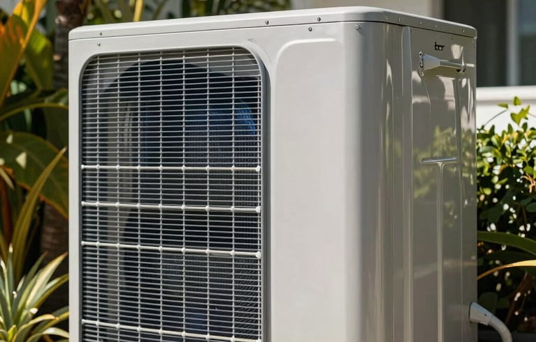 A close-up photograph of a modern, silver-finished outdoor AC condenser unit installed beside a luxury North American / US / Miami residence. Sunlight glints off the metal surfaces, with lush tropical foliage in the soft-focus background. The image is clean and high-tech, emphasizing professional engineering.