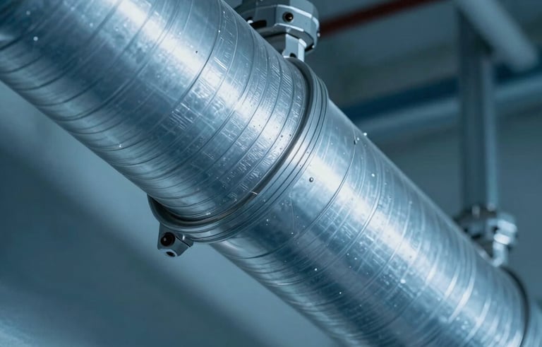 Macro photography of air purification technology inside a clean duct system. Cool blue lighting highlights the silver textures and the absence of dust, representing high indoor air quality and technical maintenance in a North American / US / Miami setting.
