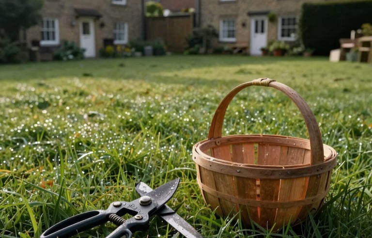 A wide shot of a lush green lawn in a traditional British backyard, a pair of garden shears and a wooden basket on the grass, morning dew, soft sunlight, professional photography, Europeu / Britânico setting, featuring green and dark brown tones.