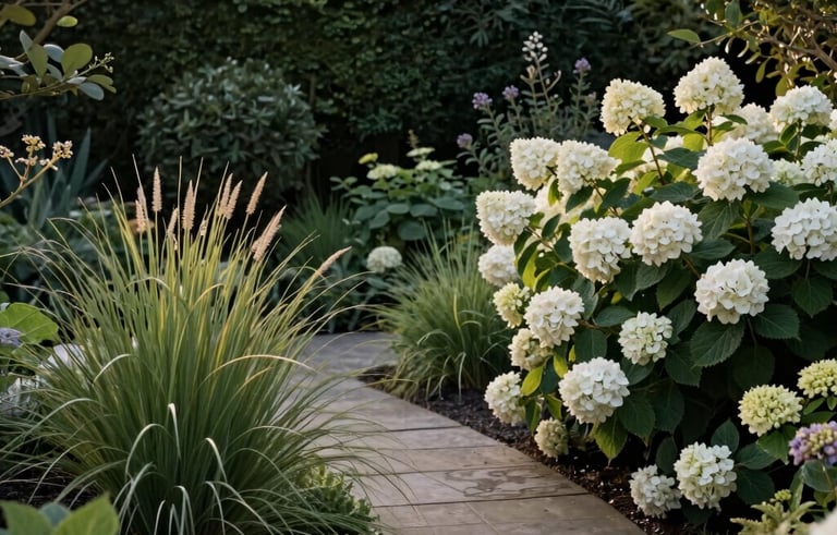 A beautifully landscaped British garden featuring a small stone path, ornamental grasses, and blooming hydrangea bushes, structured but natural aesthetic, afternoon golden hour light, Europeu / Britânico style, using dark green and off-white palette.