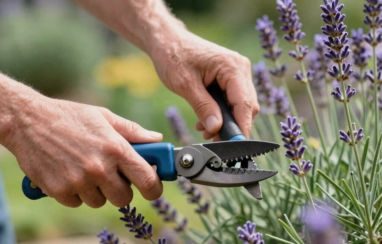 A close-up of a gardener's hands (Europeu / Britânico) pruning a lavender bush in a sunny English garden, vibrant colors, shallow depth of field, natural lighting, featuring medium green and brown shades.