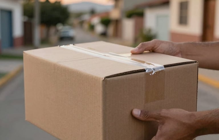 Close-up of a secure, well-packaged cardboard box being handed over with care. The background shows a soft-focus South American residential street under a warm sunset glow.