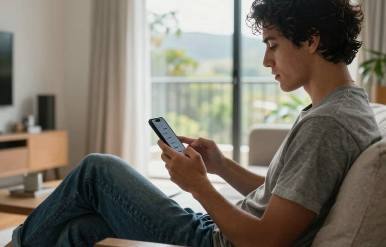 A relaxed person sitting in a modern South American living room, comfortably using their phone to track an order. The space is clean and filled with natural light from a balcony window.