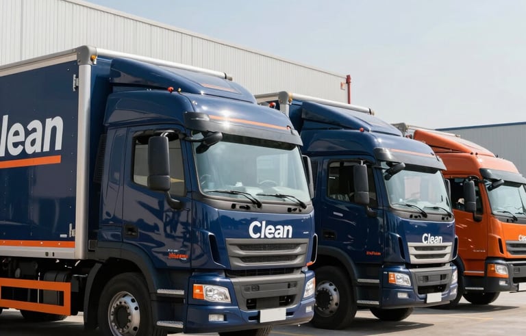 Clean, modern delivery trucks branded in navy blue and orange lined up at a logistics distribution hub, bright daylight, International Business context, symbolizing speed and reliability.