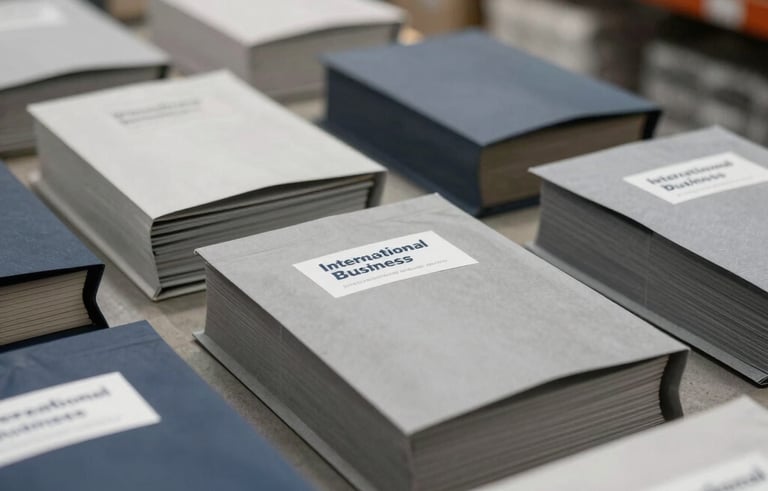 Close-up of high-quality packaging materials and industrial wholesale goods organized in a professional warehouse, neutral grey and navy blue color palette, International Business setting.