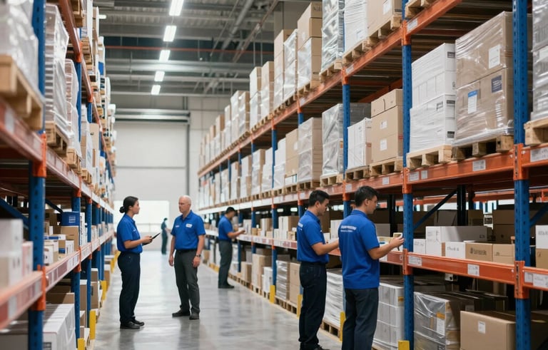 A wide angle shot of a clean, modern warehouse interior with organized high-reaching shelves and professional logistics staff in blue attire, International Business setting, bright and efficient atmosphere with navy blue and white tones.