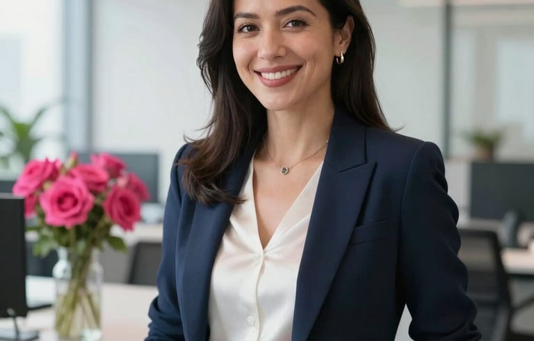 A charismatic woman in a navy blazer and white silk top, smiling confidently in a bright, modern North American office setting. Sophisticated soft lighting with brilliant hot pink flowers on a desk in the background.