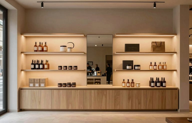 An upscale, modern boutique interior in Southern France. Minimalist shelving with artisanal products, warm amber lighting, and a clean, sophisticated atmosphere. High-end architectural photography showcasing luxury and local craftsmanship.
