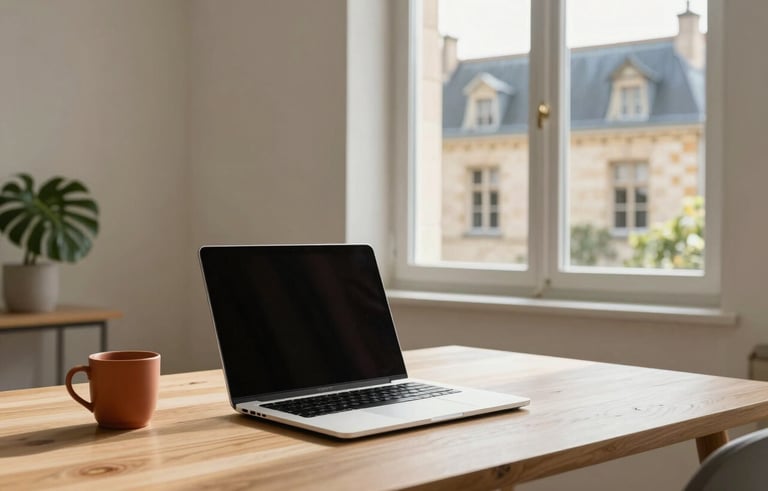 A minimalist and bright workspace in Souillac, Southern France, featuring a modern laptop on a light oak desk. Natural light pours in from a window showing traditional French limestone architecture. The scene includes a ceramic mug in terracotta and a simple green plant, capturing a professional yet warm atmosphere.