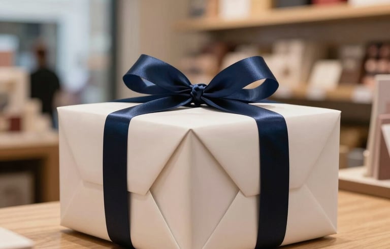 A close-up shot of a beautifully wrapped gift box with a navy blue ribbon on a wooden retail counter, soft bokeh background of a modern Brazilian gift shop, professional lighting.