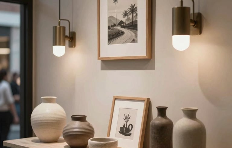 A sophisticated interior display in a South American boutique, featuring minimalist decorative vases, frames, and modern lighting fixtures, professional retail photography, elegant and credible style.