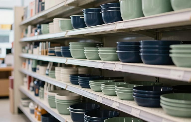 A professionally organized retail shelf in a modern Brazilian store, showcasing high-quality household utility items and tools, bright natural lighting, clean and reliable atmosphere with navy and sage green accents.