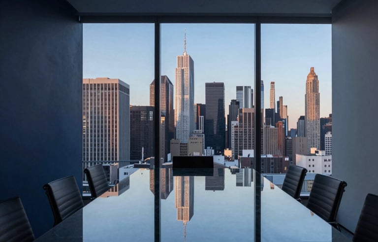 A wide-angle shot of a minimalist consultancy office in a US metropolitan area. A dark glass table reflects a panoramic view of the city skyline during blue hour. The interior is decorated in dark navy and steel blue tones.