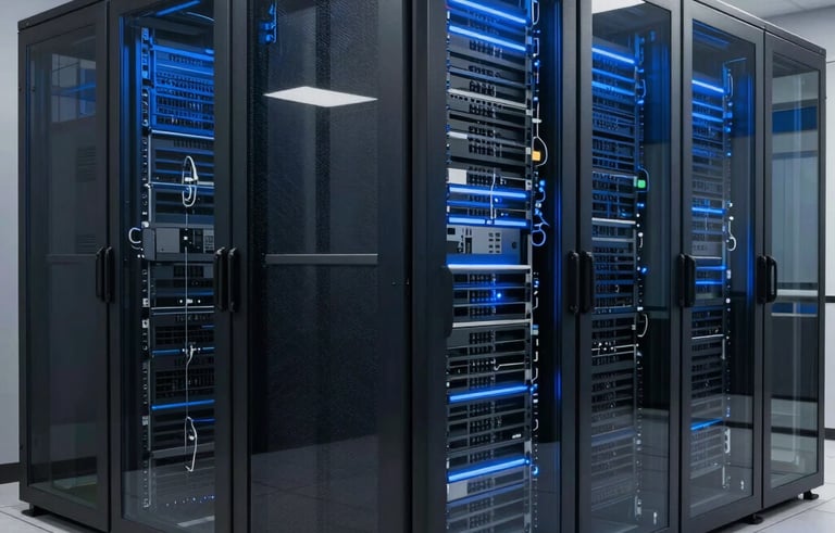 An architectural shot of a modern data center hub in North America. Sleek server racks are visible through glass, bathed in deep navy and steel blue lighting. The composition is symmetrical, emphasizing precision.