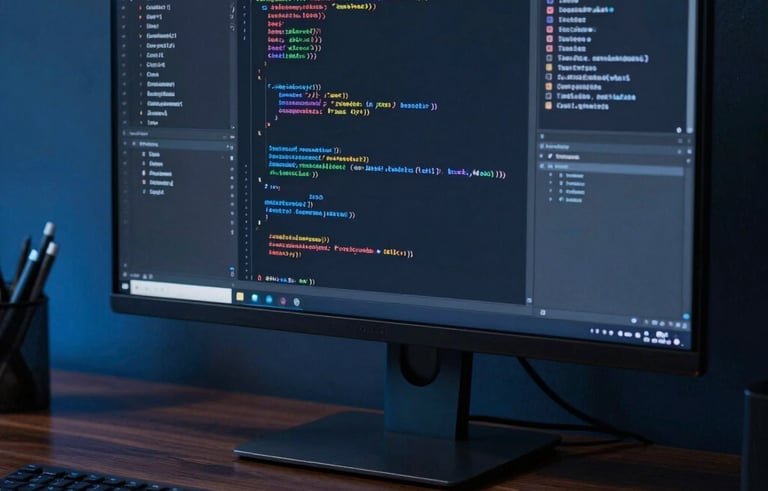 Close-up photography of a high-performance workstation in a professional US office. A high-resolution screen displays intricate lines of code in a dark mode editor. The lighting is composed of steel blue and midnight blue tones, reflecting off a polished dark wood surface. Minimalist and sophisticated atmosphere.
