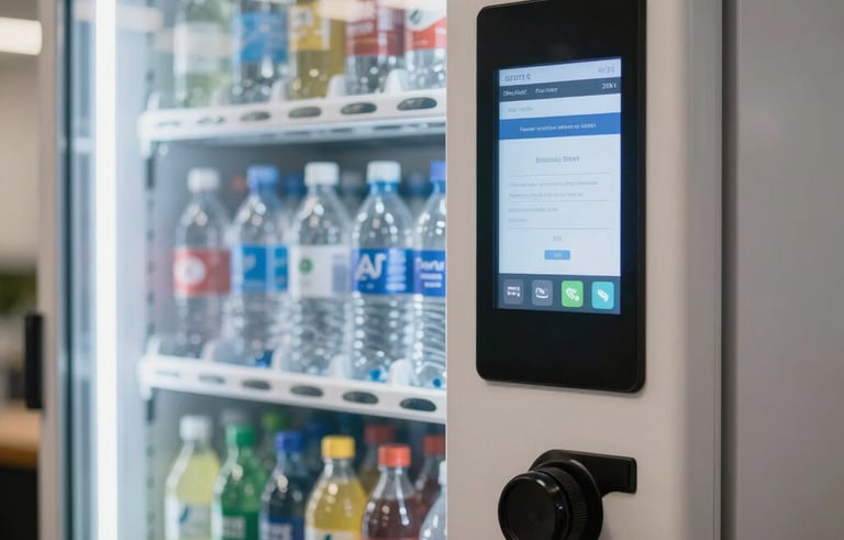 A close-up photograph of a state-of-the-art cold drink vending machine featuring a digital touch screen and glass front, stocked with bottled water and sodas in a modern US workplace setting.