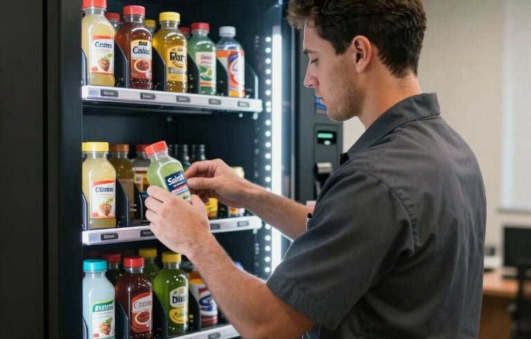 A professional service technician in a dark charcoal uniform carefully stocking fresh products into a vending machine at a San Antonio, Texas corporate office, daytime lighting, reliable service theme.