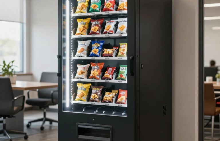 A modern, sleek snack vending machine filled with a variety of chips and healthy bars, positioned in a bright, clean North American office breakroom with natural lighting and professional atmosphere.