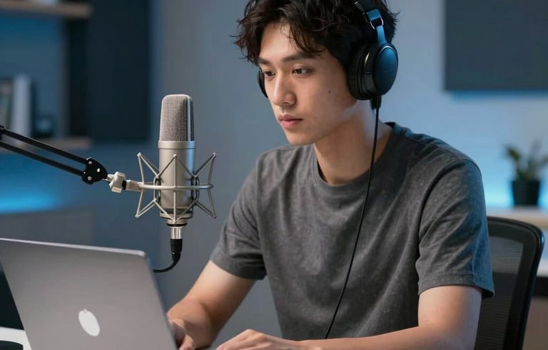 A focused professional creator in a modern North American &amp;#x2F; US home studio setting, sitting at a clean desk with a high-end laptop and a professional condenser microphone. The lighting is bright and professional with soft dark blue and steel blue tones in the background.