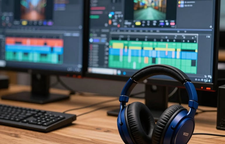 Close-up photography of a professional video editing workstation in a clean North American &amp;#x2F; US studio. The monitors show detailed video timelines with vibrant colors, and professional steel blue headphones sit nearby on a sleek wood desk.