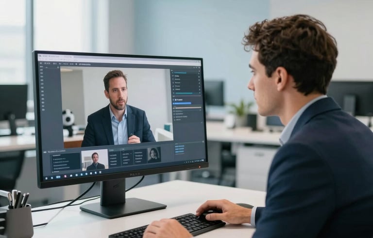 A high-end, bright North American &amp;#x2F; US corporate workspace with a professional engaging in a successful digital consultation on a large monitor. The scene reflects a premium, trustworthy atmosphere with white furniture and light blue decor.