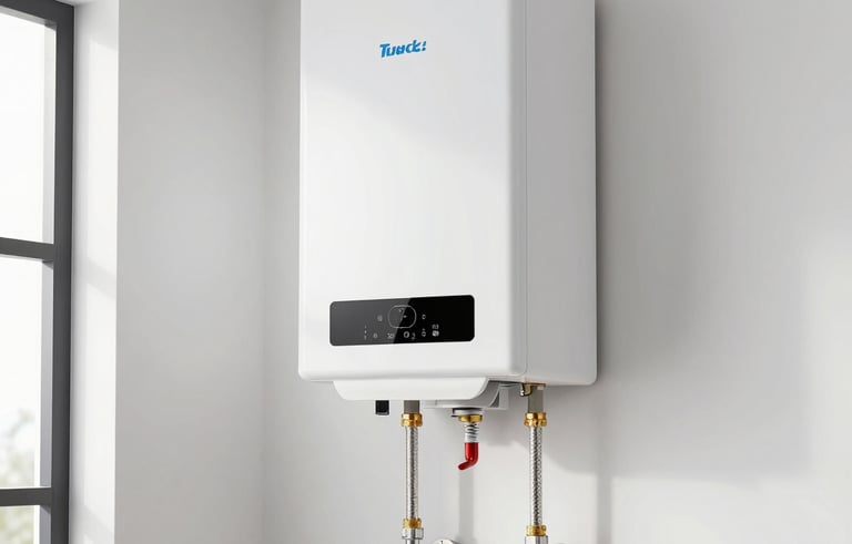 A modern tankless water heater professionally mounted on a clean white wall in a tidy North American utility room. Bright, high-quality photography showing clean installation.