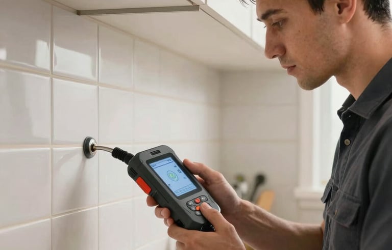 A focused plumbing technician in a North American suburban kitchen using a high-tech electronic leak detection tool against a tile wall. Modern aesthetic, expert service context.